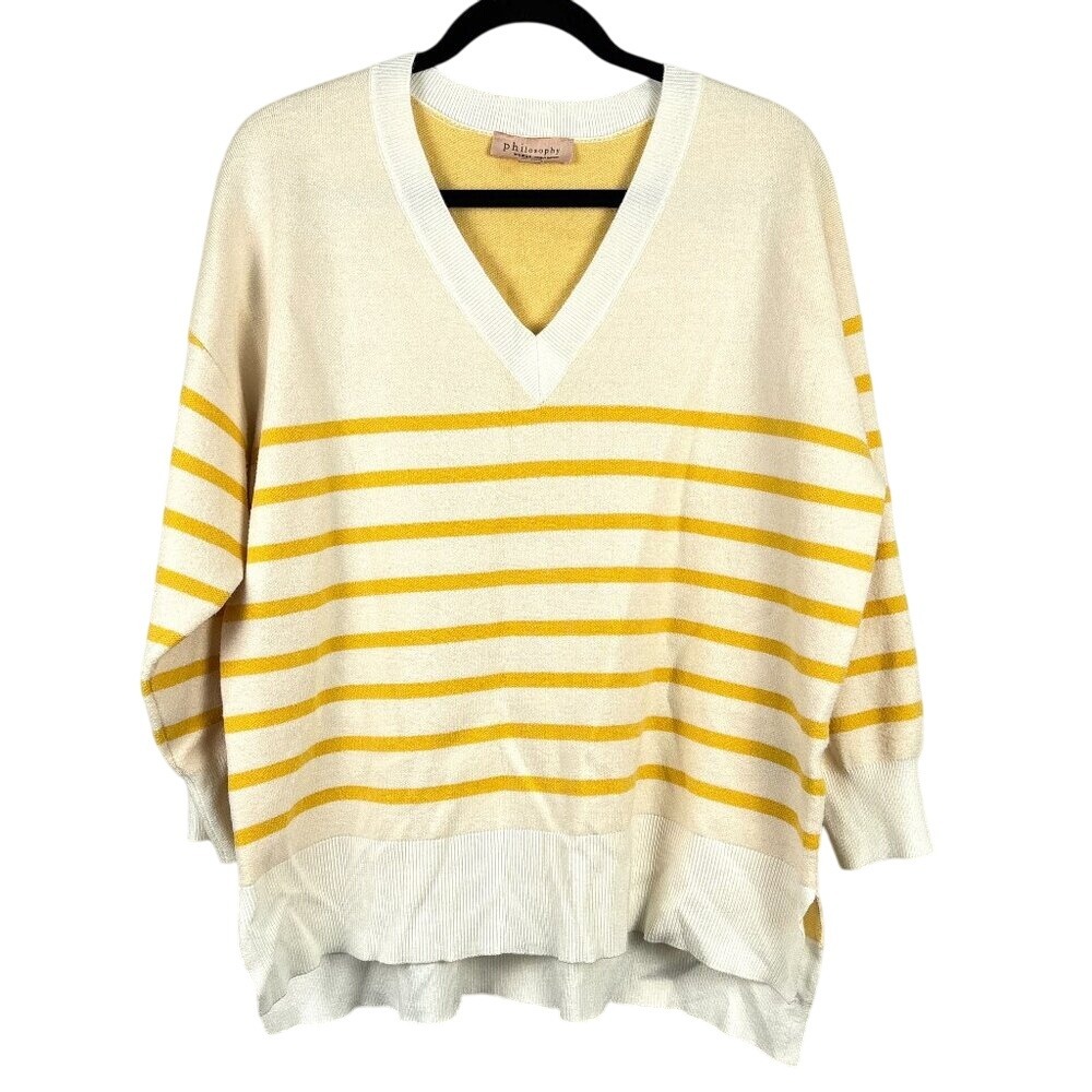 Philosophy V-Neck Sweater Women's 1X Butter Yellow Stripes Preppy Coastal Cozy